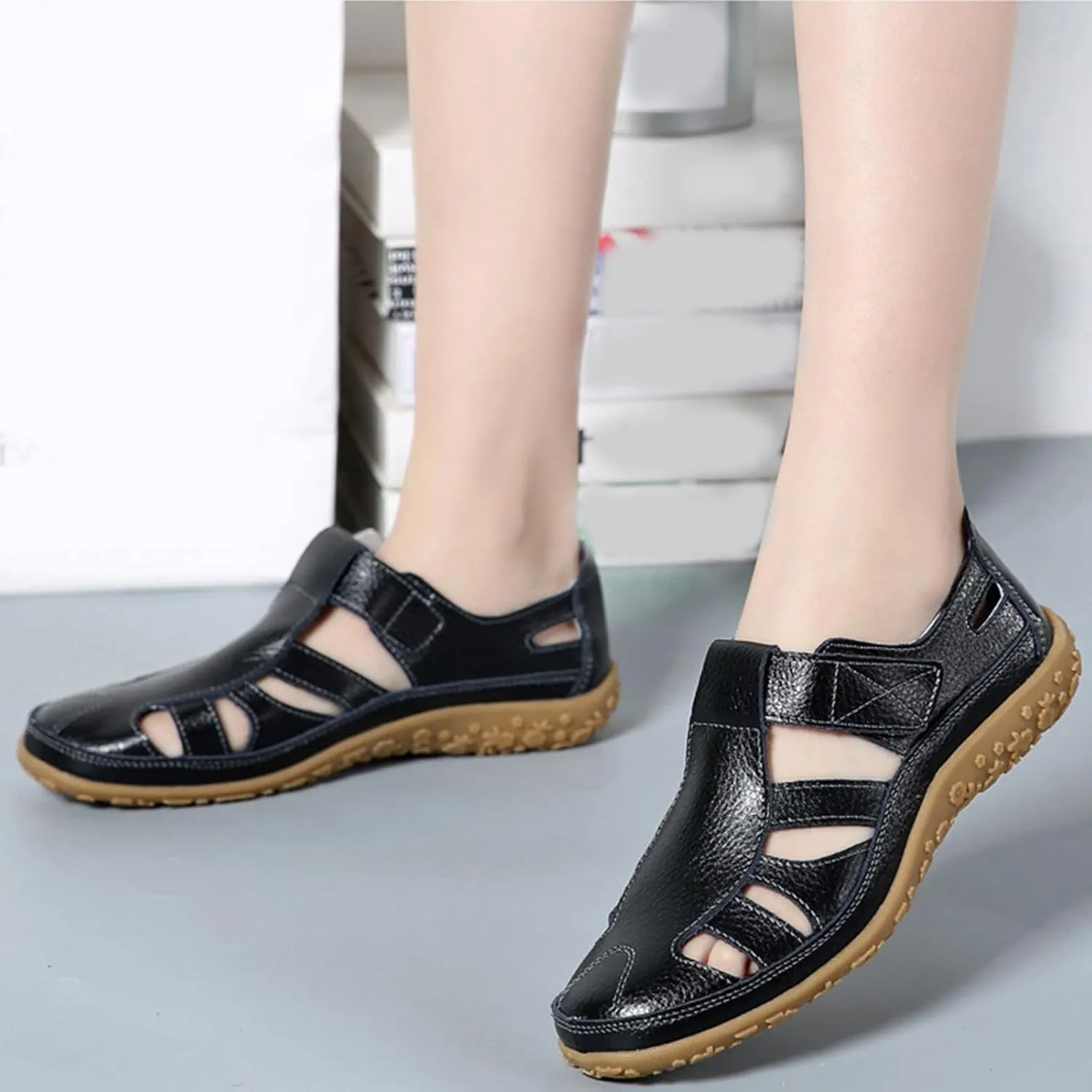 Womens Gladiator Sandals Comfortable Hollow Out Fisherman Sandals Slip On Wedges Summer Beach Shoes Closed Toe Casual Lightweight Ankle Strap Soft Shoes