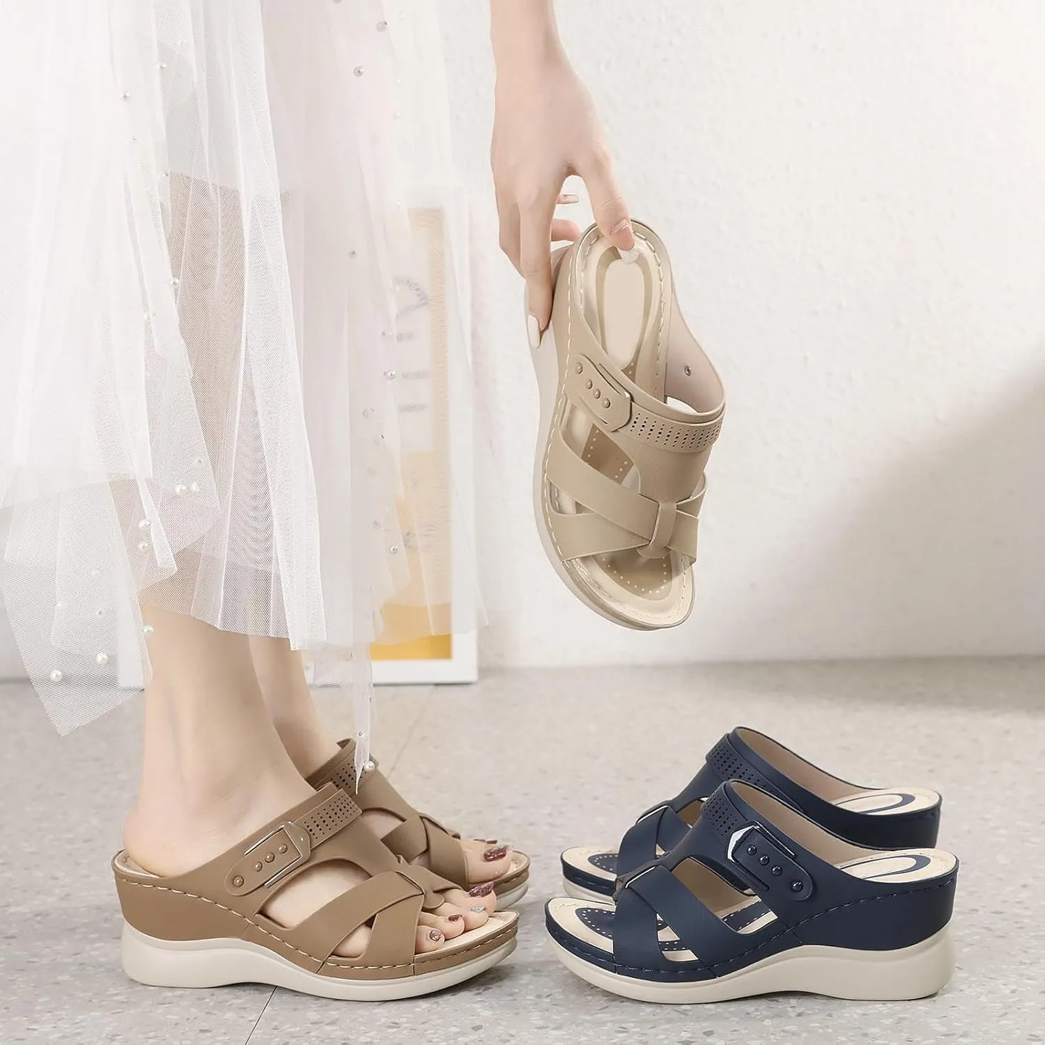 Womens Orthopedic Sandals Fashion Slip On Casual Open Toe Fisherman Sandals Hollow Out Gladiator Outdoor Walking Wedge Shoes