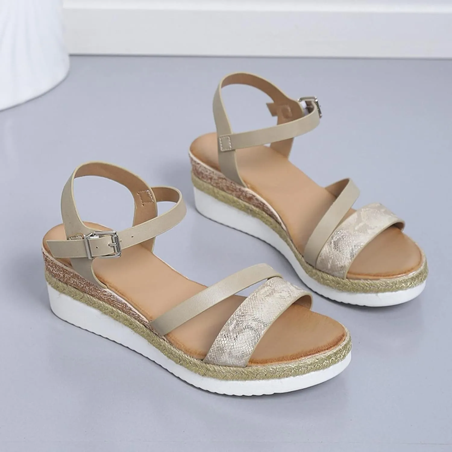Womens Orthopedic Sandals Wedge Sandals for Women Open Toe Platform Espadrilles, Ankle Strap Slip on Sandal Beach Boho Comfortable Outdoor Shoes All Day Comfort
