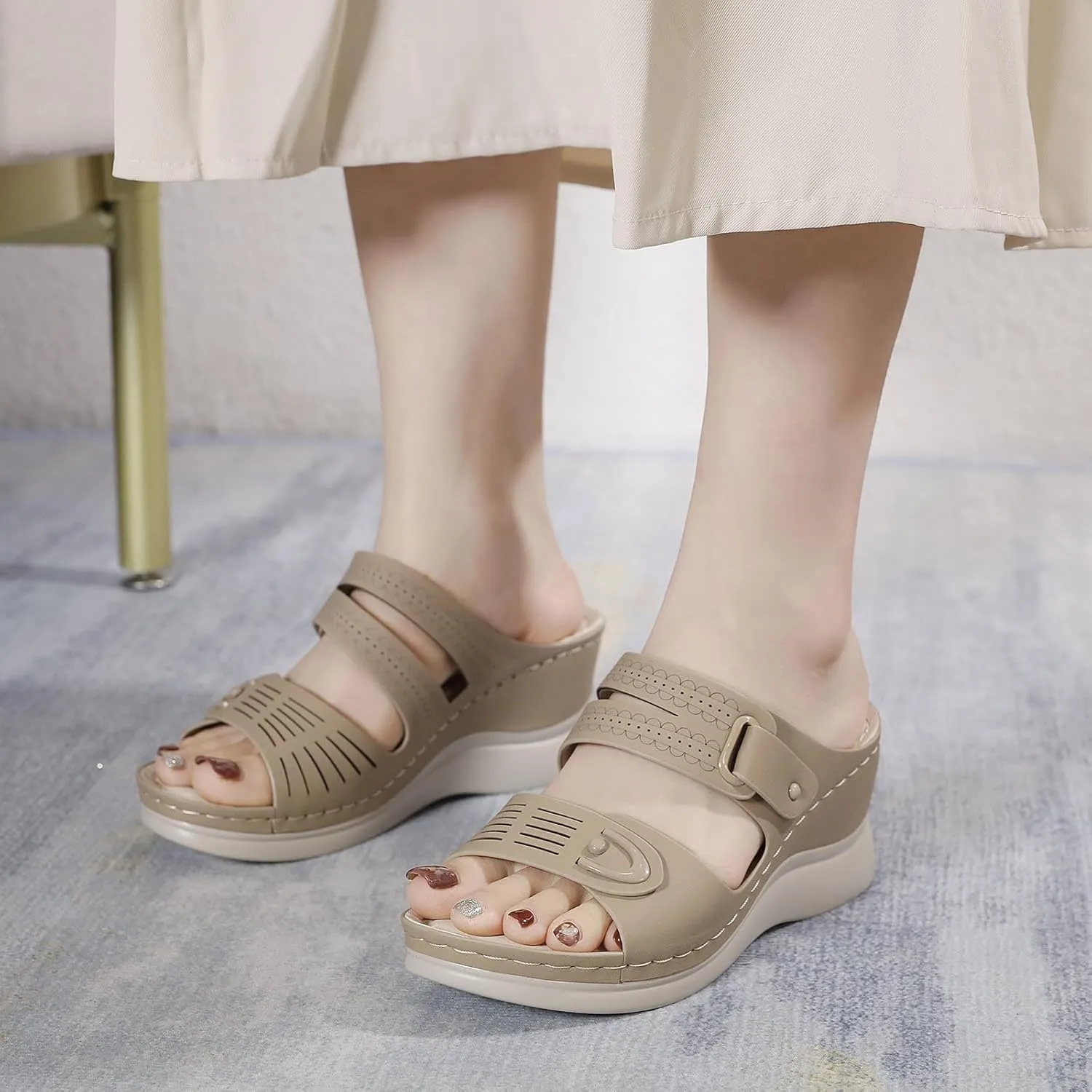 Women's Platform & Wedge Sandals Summer Breathable Open Toe Dress Sandals Arch Support Slip On Slide Sandal