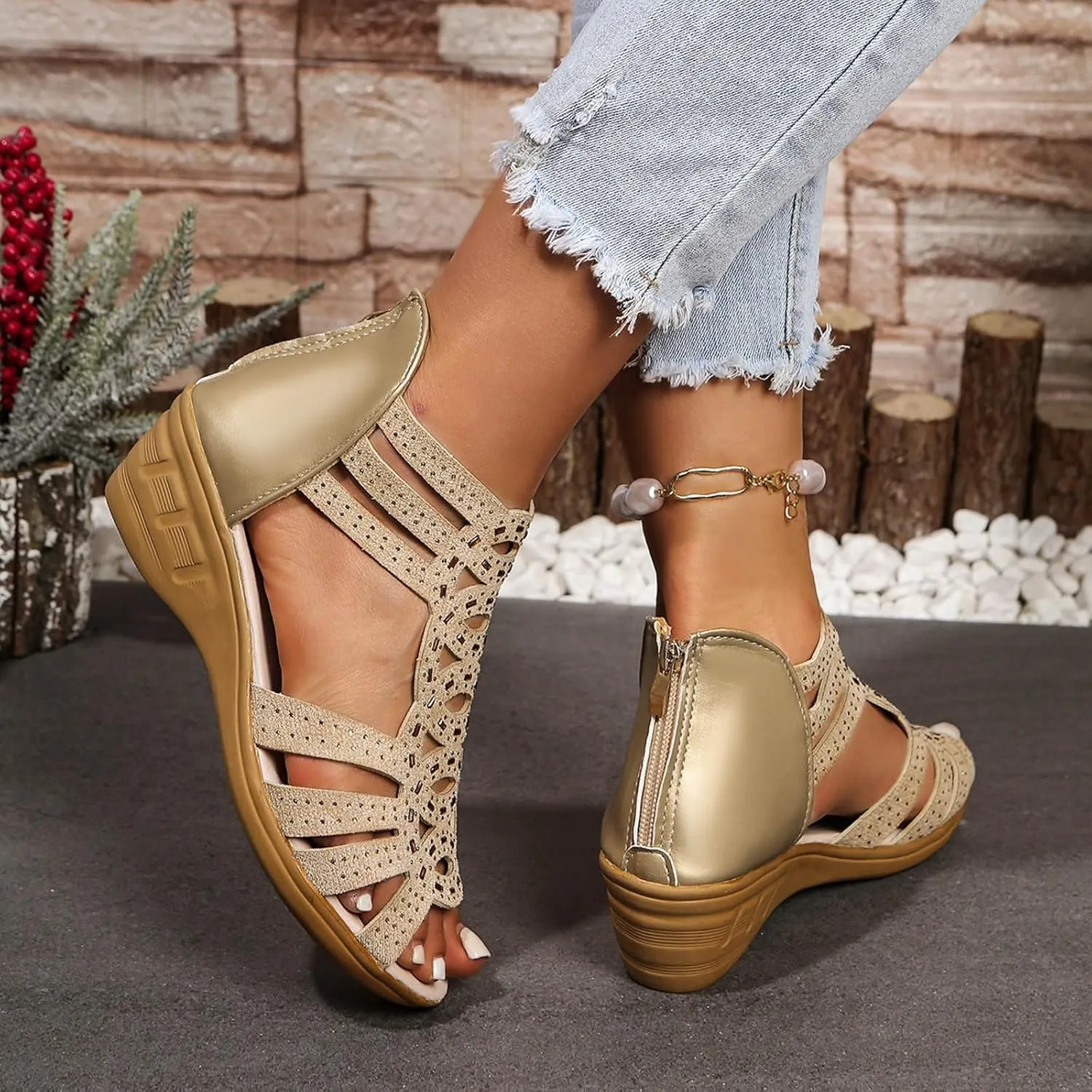 Women's Wedge Heels Ankle Strap Low Summer Sandals 2025 Casual Open Toe Solid Color Hollow Out Orthopedic Bohemia Wedges Sandals Outdoor Comfy Beach Back Zipper Shoes