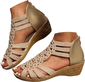 Women's Wedge Heels Ankle Strap Low Summer Sandals 2025 Casual Open Toe Solid Color Hollow Out Orthopedic Bohemia Wedges Sandals Outdoor Comfy Beach Back Zipper Shoes