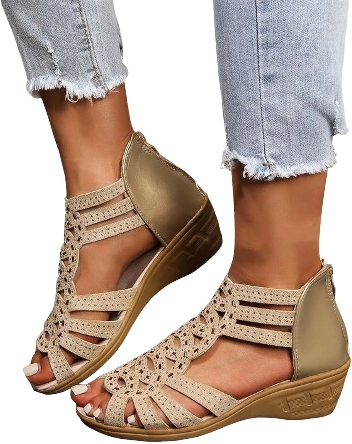 Women's Wedge Heels Ankle Strap Low Summer Sandals 2025 Casual Open Toe Solid Color Hollow Out Orthopedic Bohemia Wedges Sandals Outdoor Comfy Beach Back Zipper Shoes