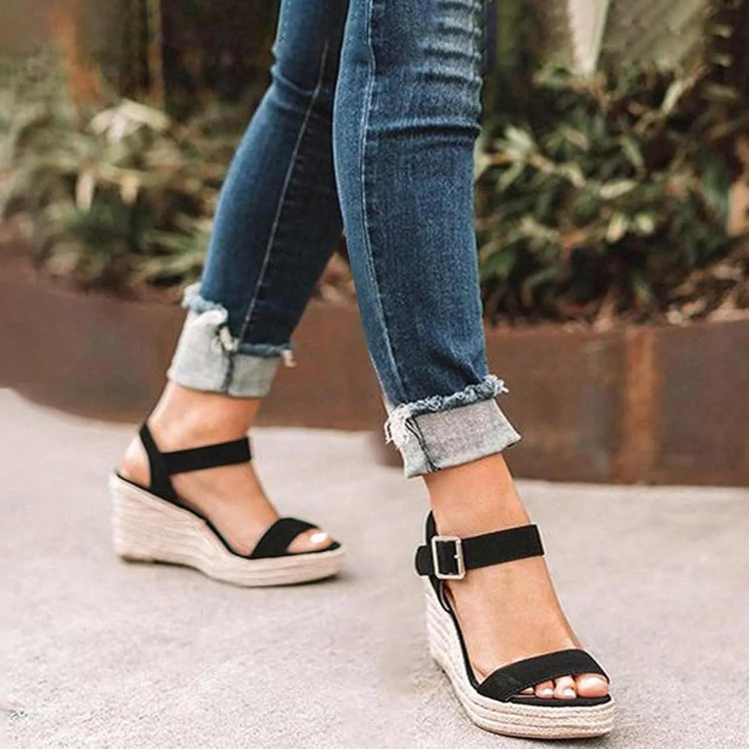 Womens Wedge Platform Sandals Open Toed Ankle Strap High Heels Shoes Summer Stylish Breathable Slip on Concise Casual Shoes
