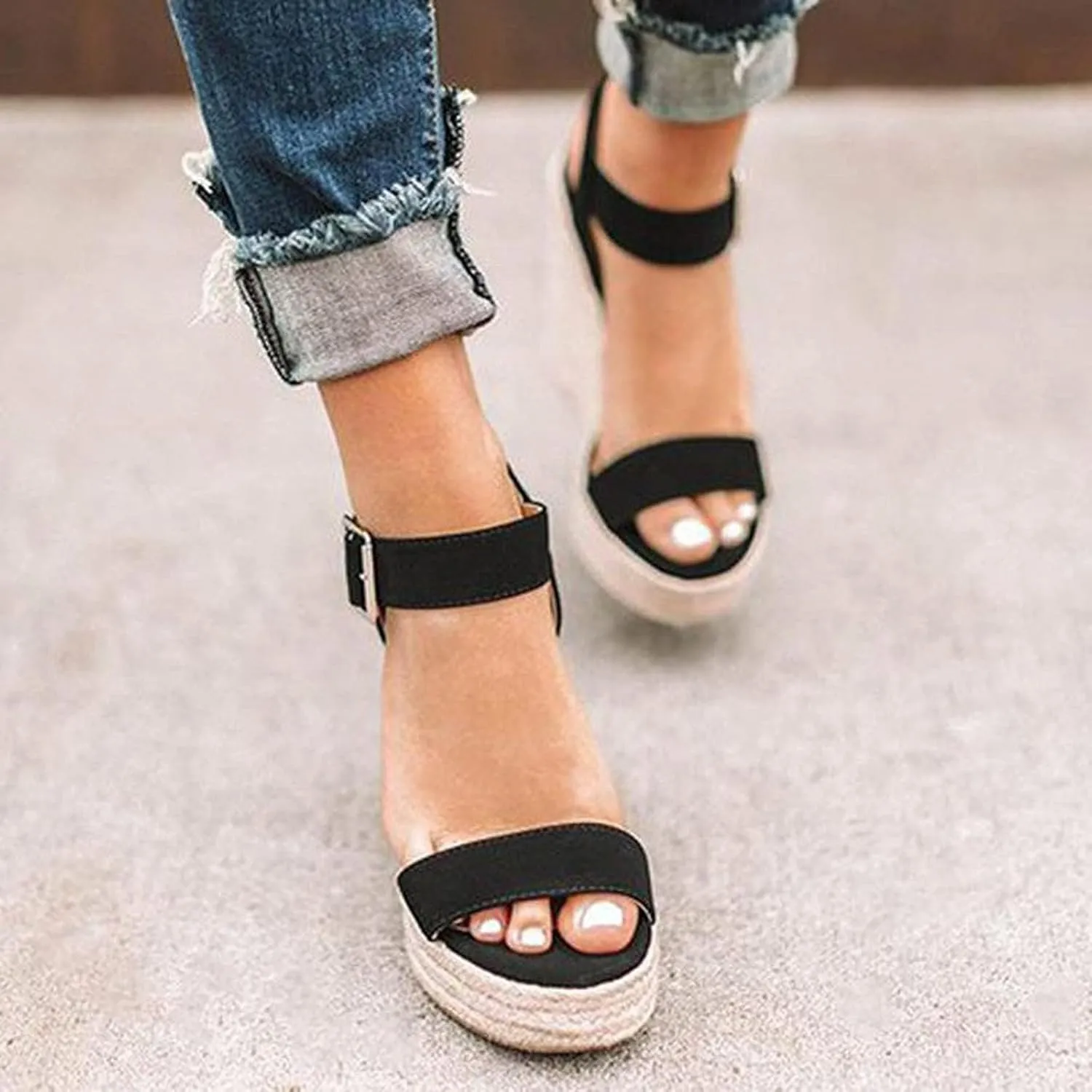 Womens Wedge Platform Sandals Open Toed Ankle Strap High Heels Shoes Summer Stylish Breathable Slip on Concise Casual Shoes