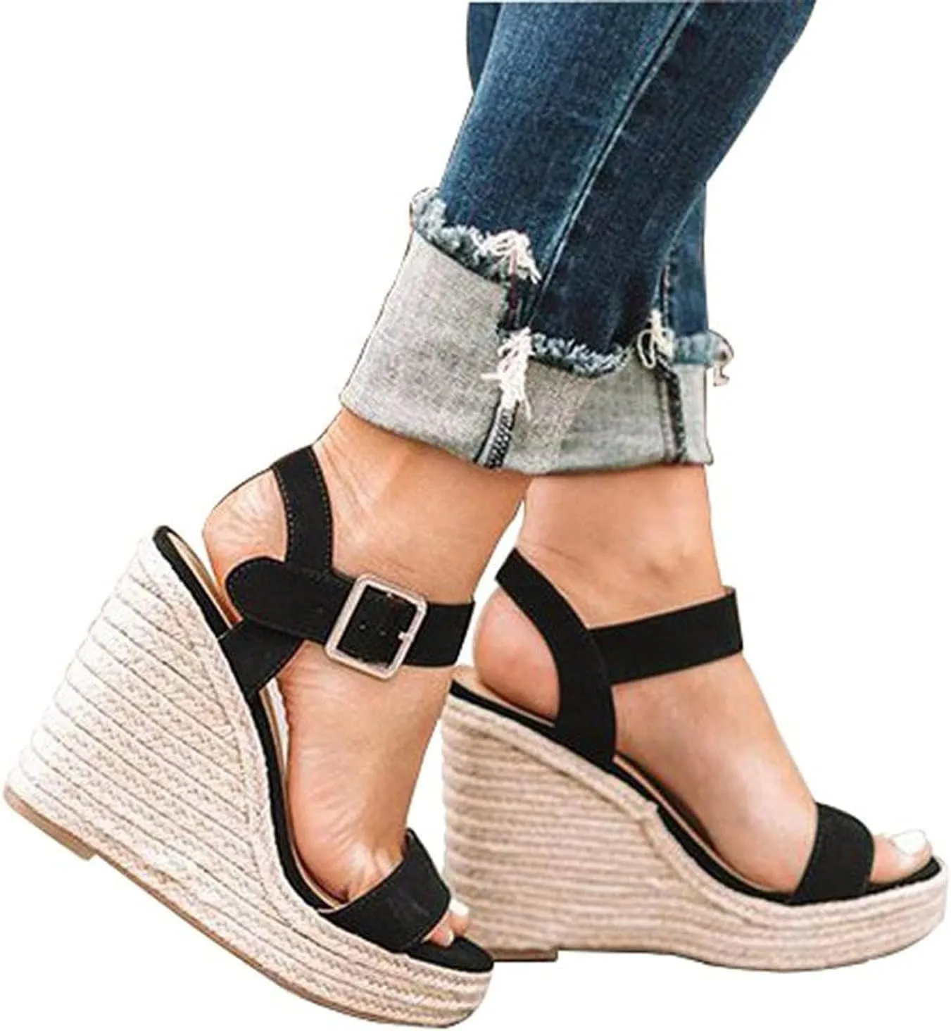 Womens Wedge Platform Sandals Open Toed Ankle Strap High Heels Shoes Summer Stylish Breathable Slip on Concise Casual Shoes
