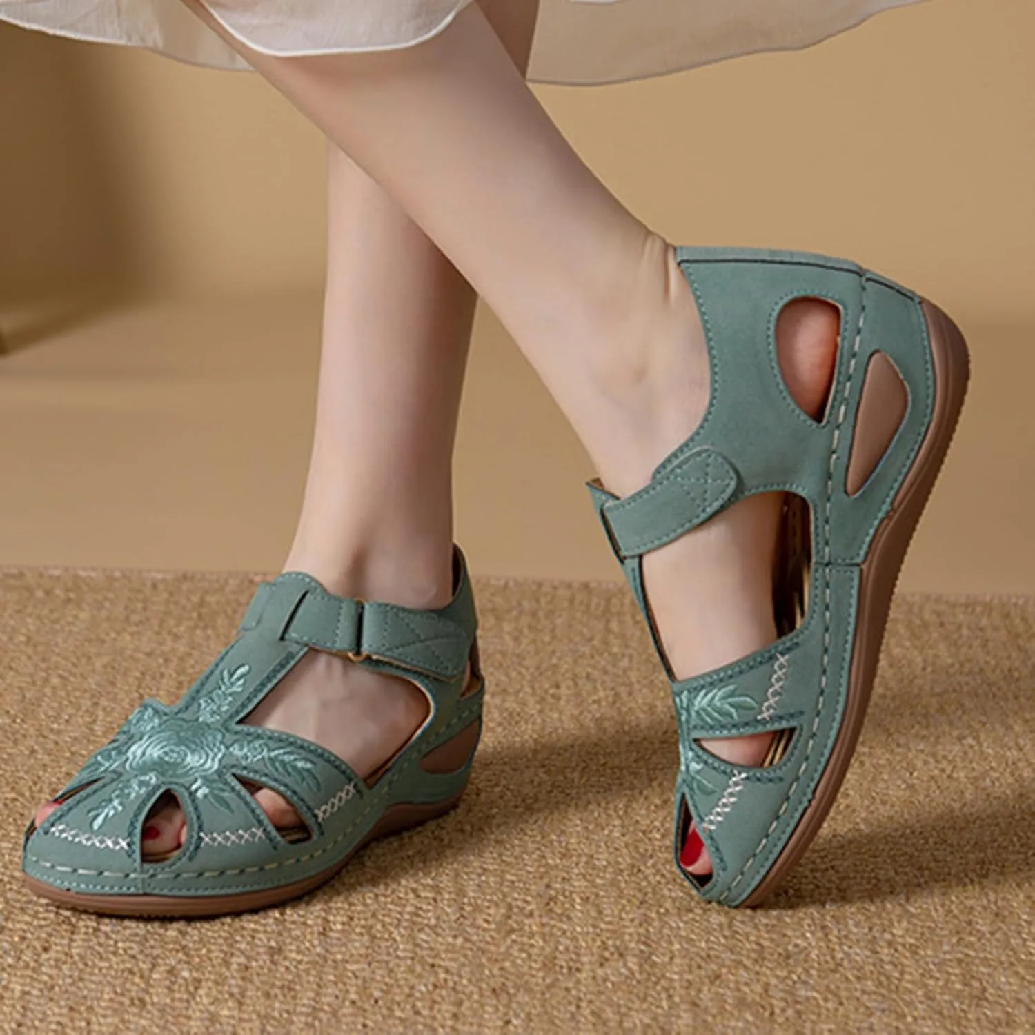 Womens Wedge Sandals Summer Closed Toe Platform Wedges for Women, Dressy Ankle Strap Hook and Loop Gladiator Flat Sandals Causal Summer Outdoor Beach Orthopedic Sandal