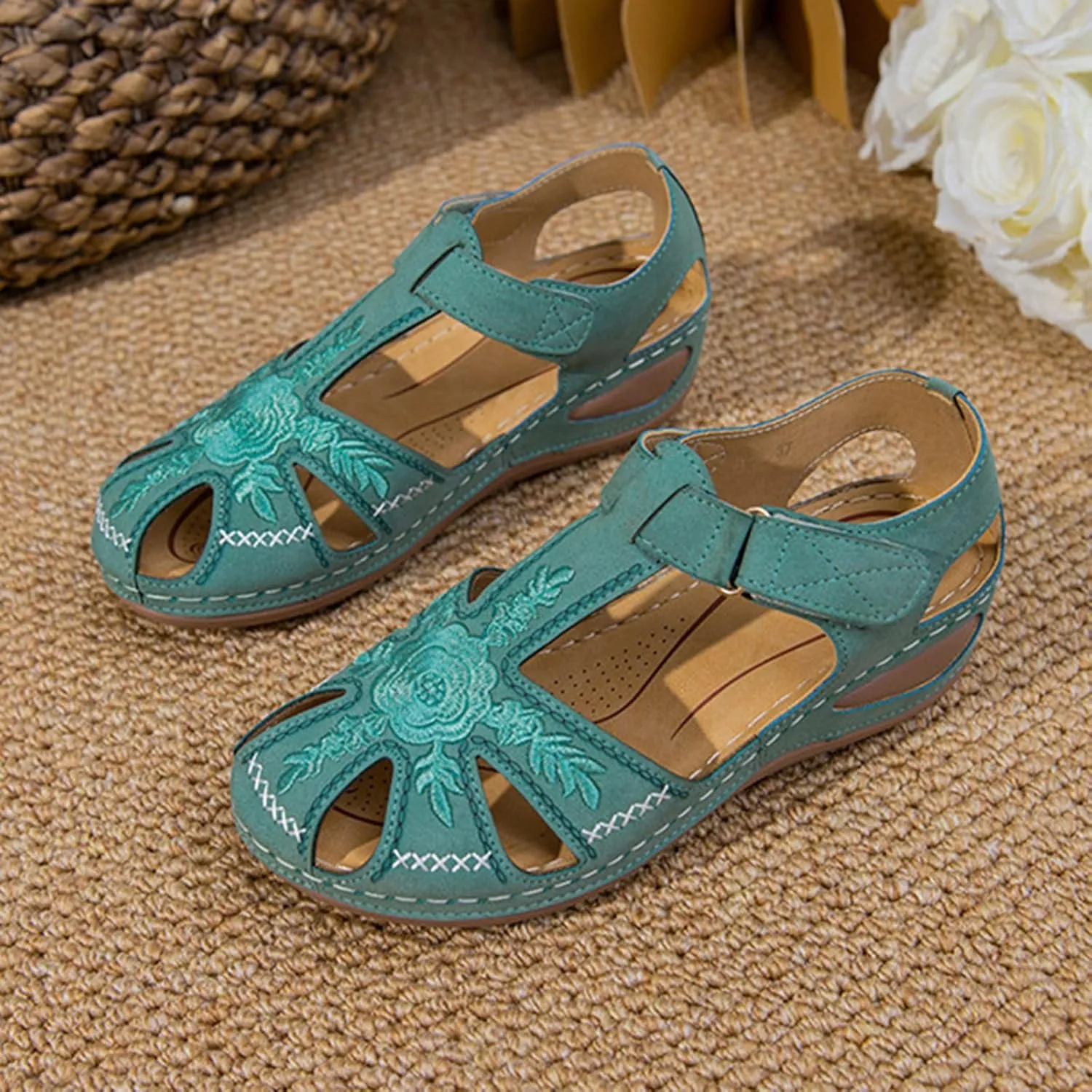 Womens Wedge Sandals Summer Closed Toe Platform Wedges for Women, Dressy Ankle Strap Hook and Loop Gladiator Flat Sandals Causal Summer Outdoor Beach Orthopedic Sandal