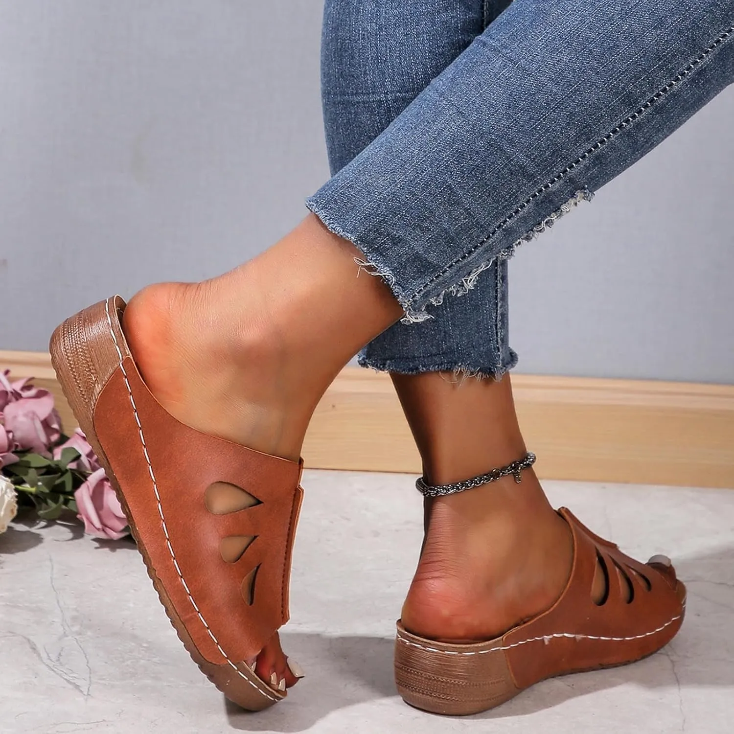 Womens Wedge Sandals Summer Shoes, Dressy Low Heel Slip On Sandals with Arch Support, Summer Casual Comfortable Walking Platform Sandals Slide