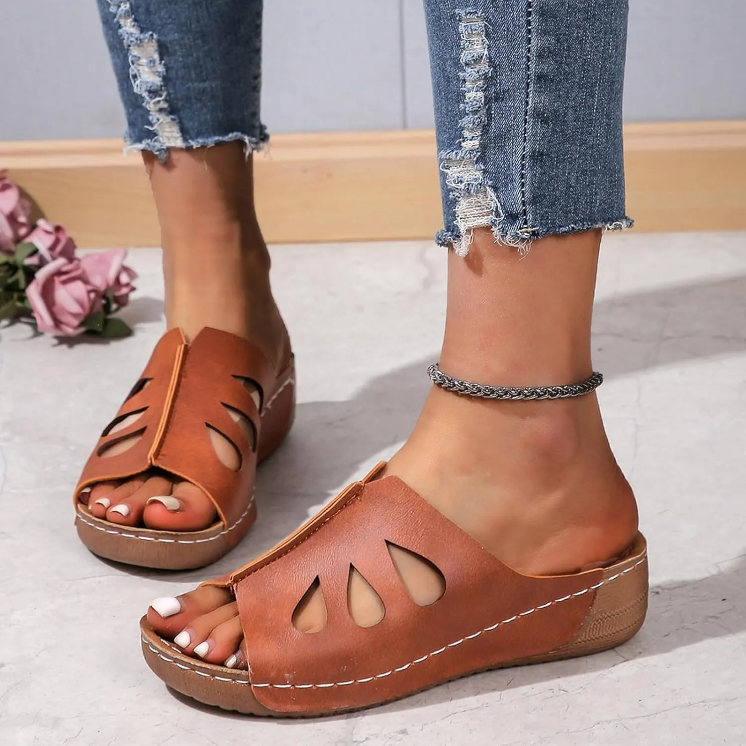 Womens Wedge Sandals Summer Shoes, Dressy Low Heel Slip On Sandals with Arch Support, Summer Casual Comfortable Walking Platform Sandals Slide